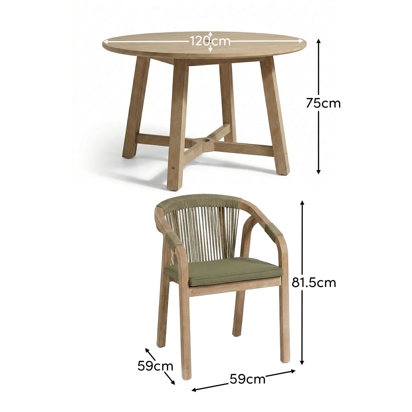 Shiro 4 Seater Round Wooden Garden Dining Set with Shiro Green Rope Dining Chairs - 120cm - Image 10