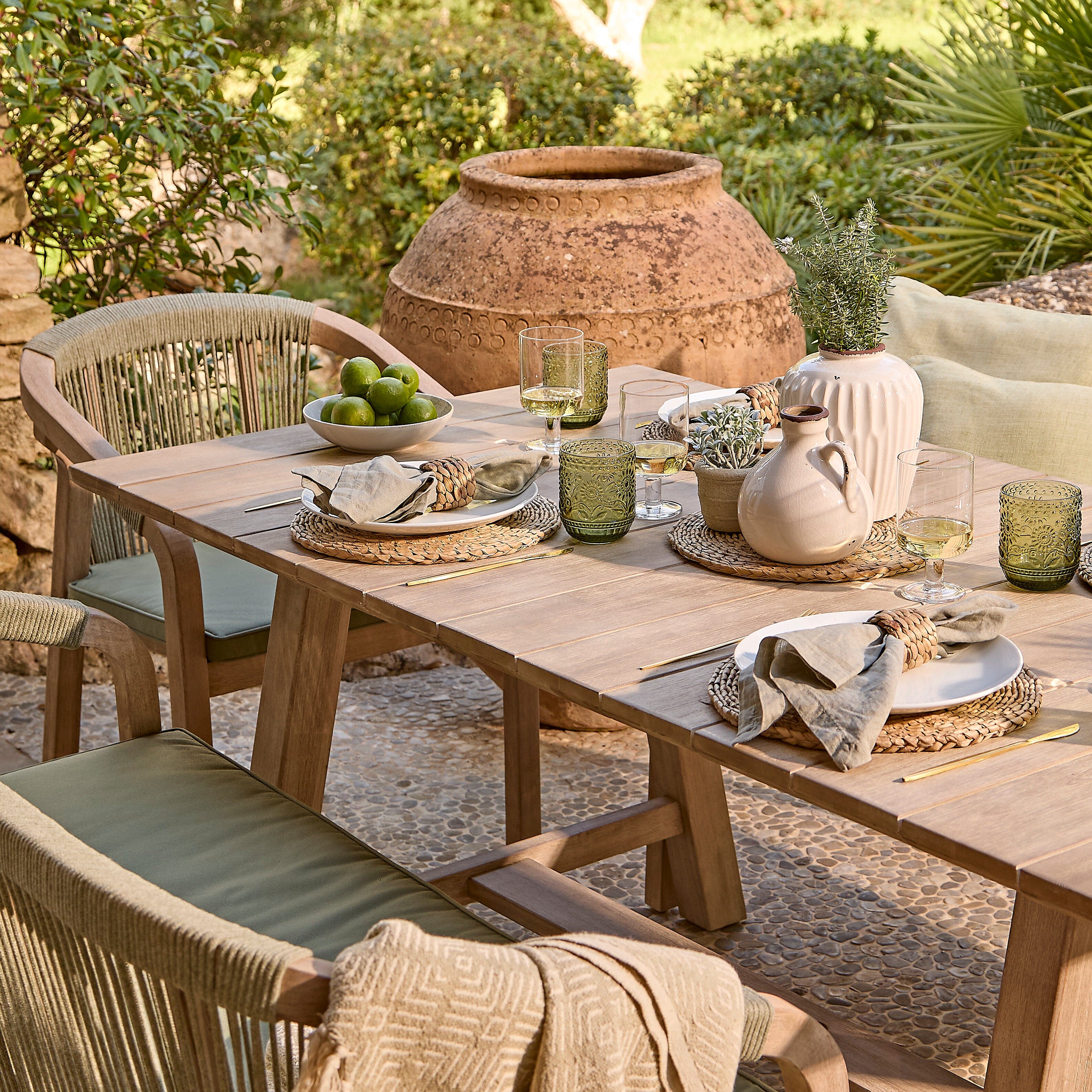 Shiro 6 Seater Wooden Garden Dining Set with 2 Shiro Benches & 2 Shiro Chairs - Green Rope - Image 5