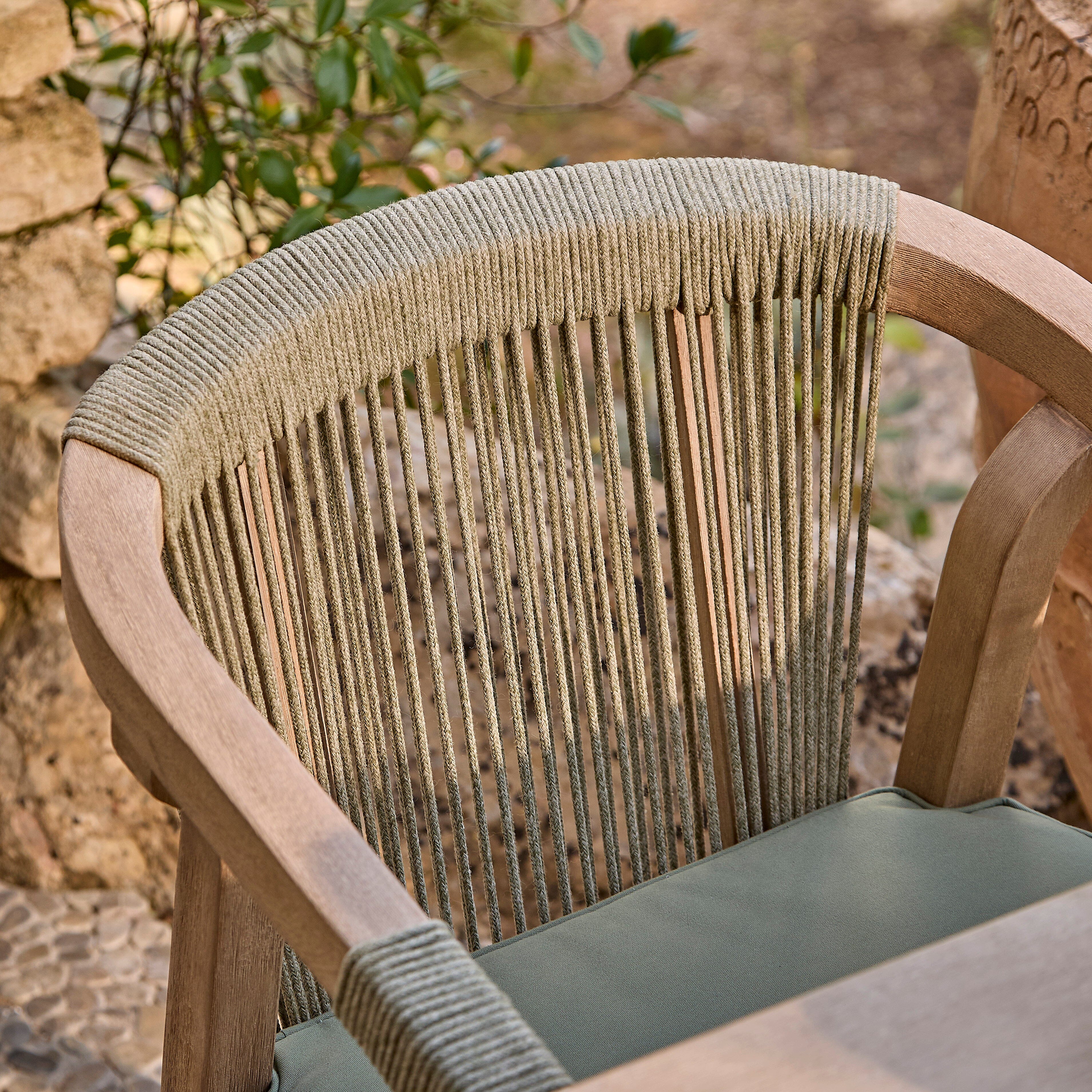 Shiro 6 Seater Wooden Garden Dining Set with 2 Shiro Benches & 2 Shiro Chairs - Green Rope - Image 7