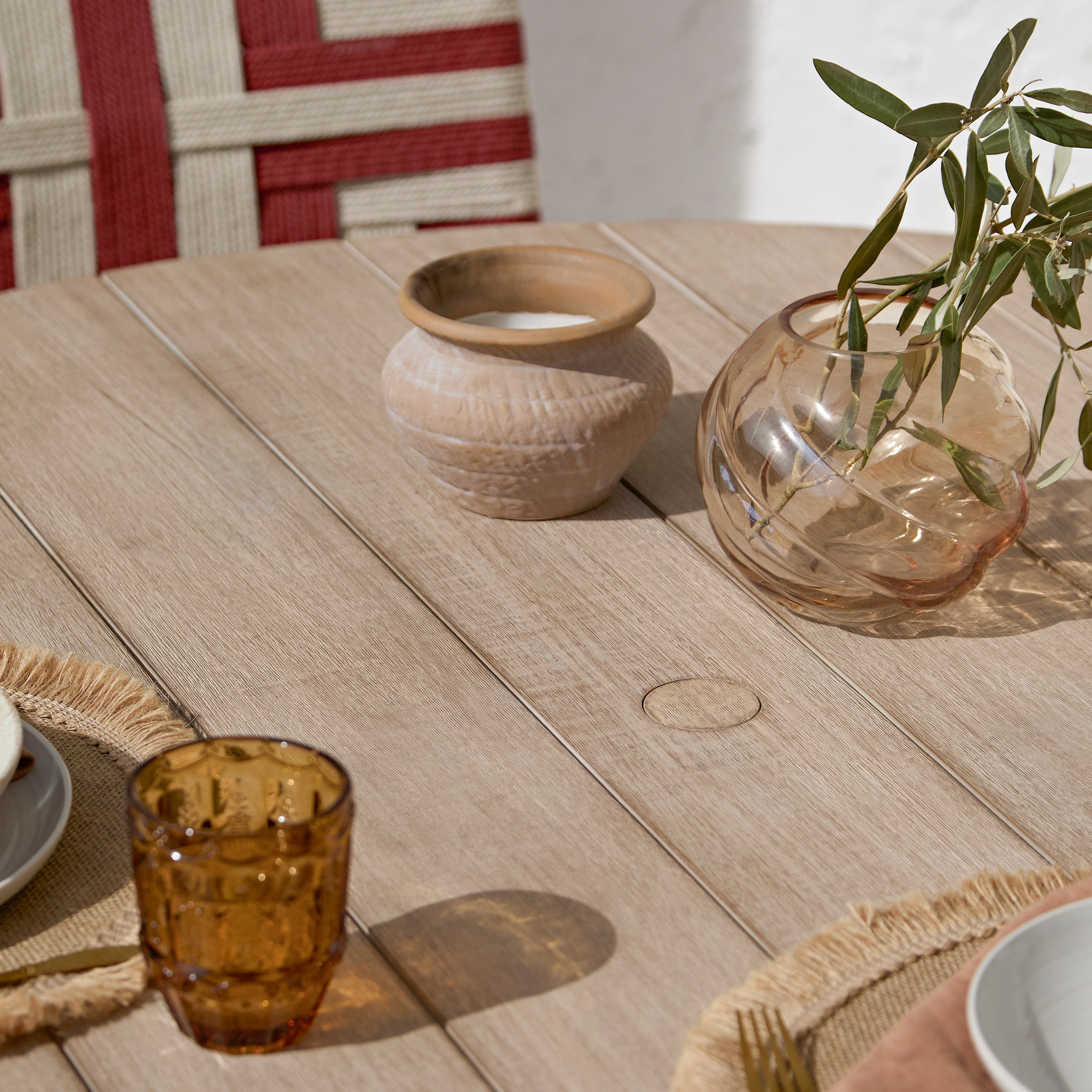 Shiro 4 Seater Round Wooden Garden Dining Set with Saffron Paprika/Beige Dining Chairs - Image 3