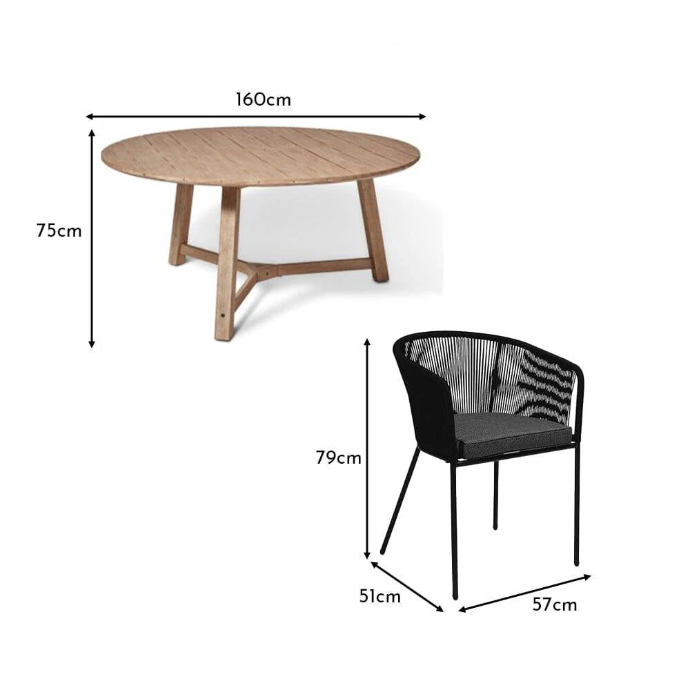 Shiro 6 Seater Wooden Round Dining Table with 6 Hali Black Rope Chairs & Grey Parasol - 160cm - Image 9