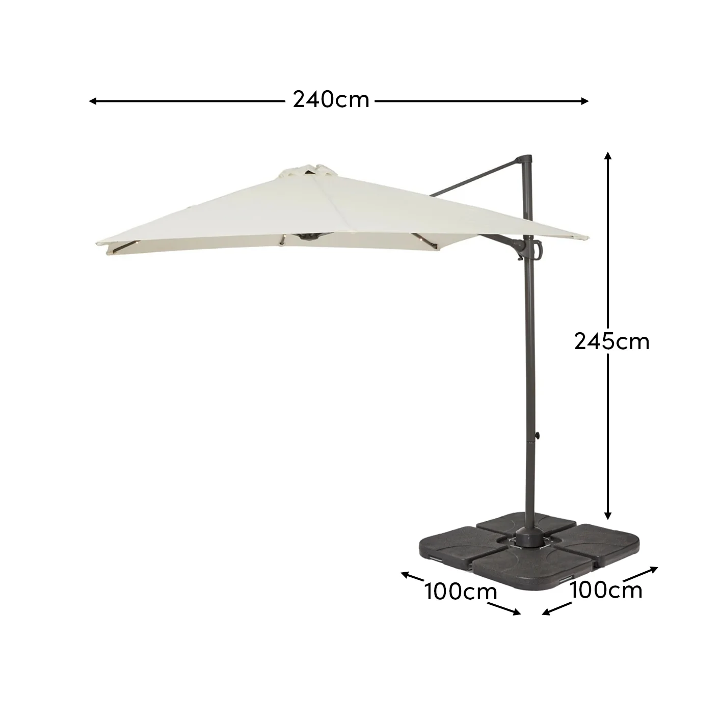 Square 2.4m Cream LED Cantilever Parasol & Raincover with 80kg Quartered Parasol Base - Black Plastic - Image 2
