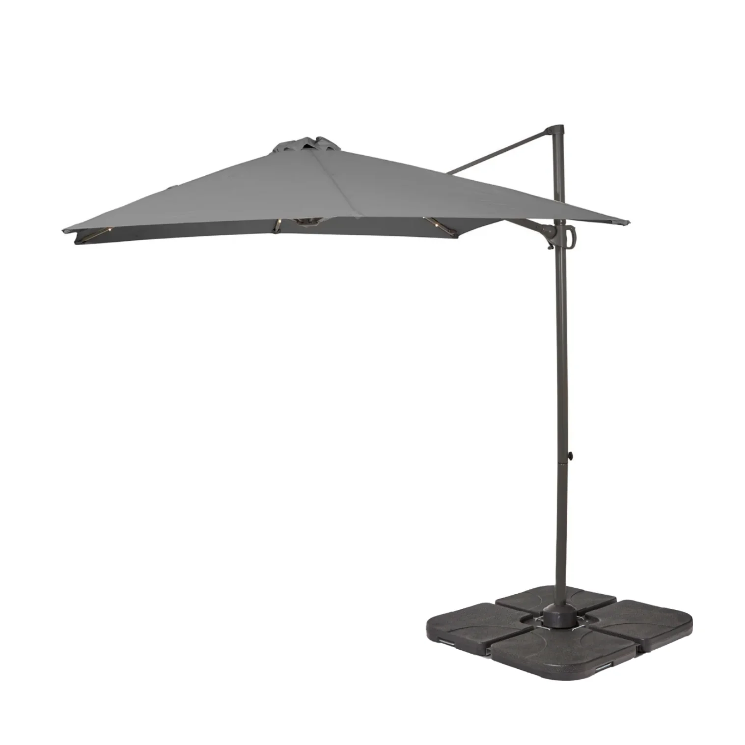 Square 2.4m Grey LED Cantilever Parasol with 80kg Quartered Parasol Base - Black Plastic