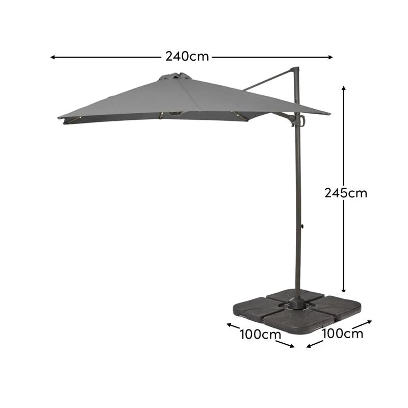 Square 2.4m Grey LED Cantilever Parasol with 80kg Quartered Parasol Base - Black Plastic - Image 2