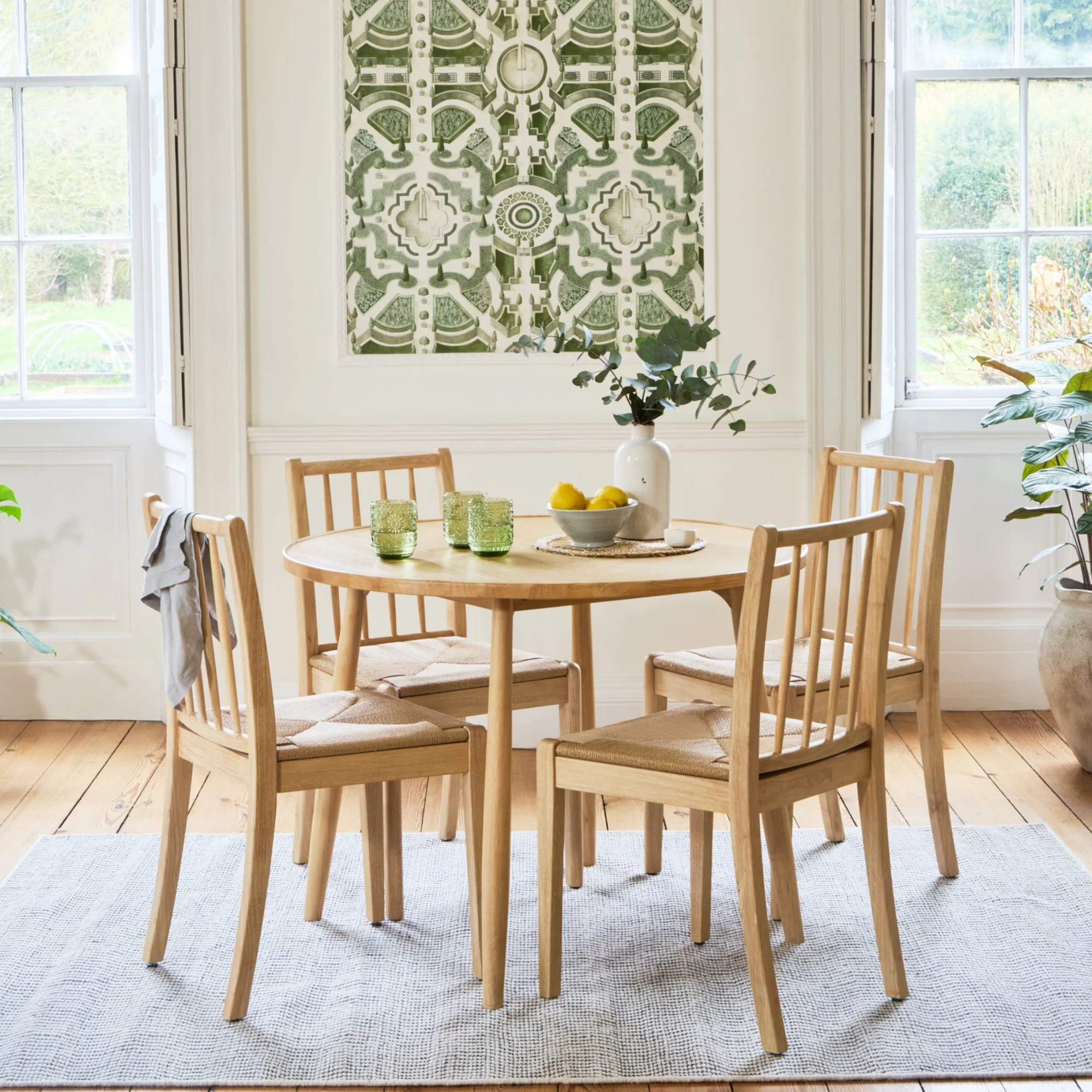 Tilly 100cm Round Dining Table - 4 Seater - Tilly Dining Chairs - Whitewash Oak & Natural String