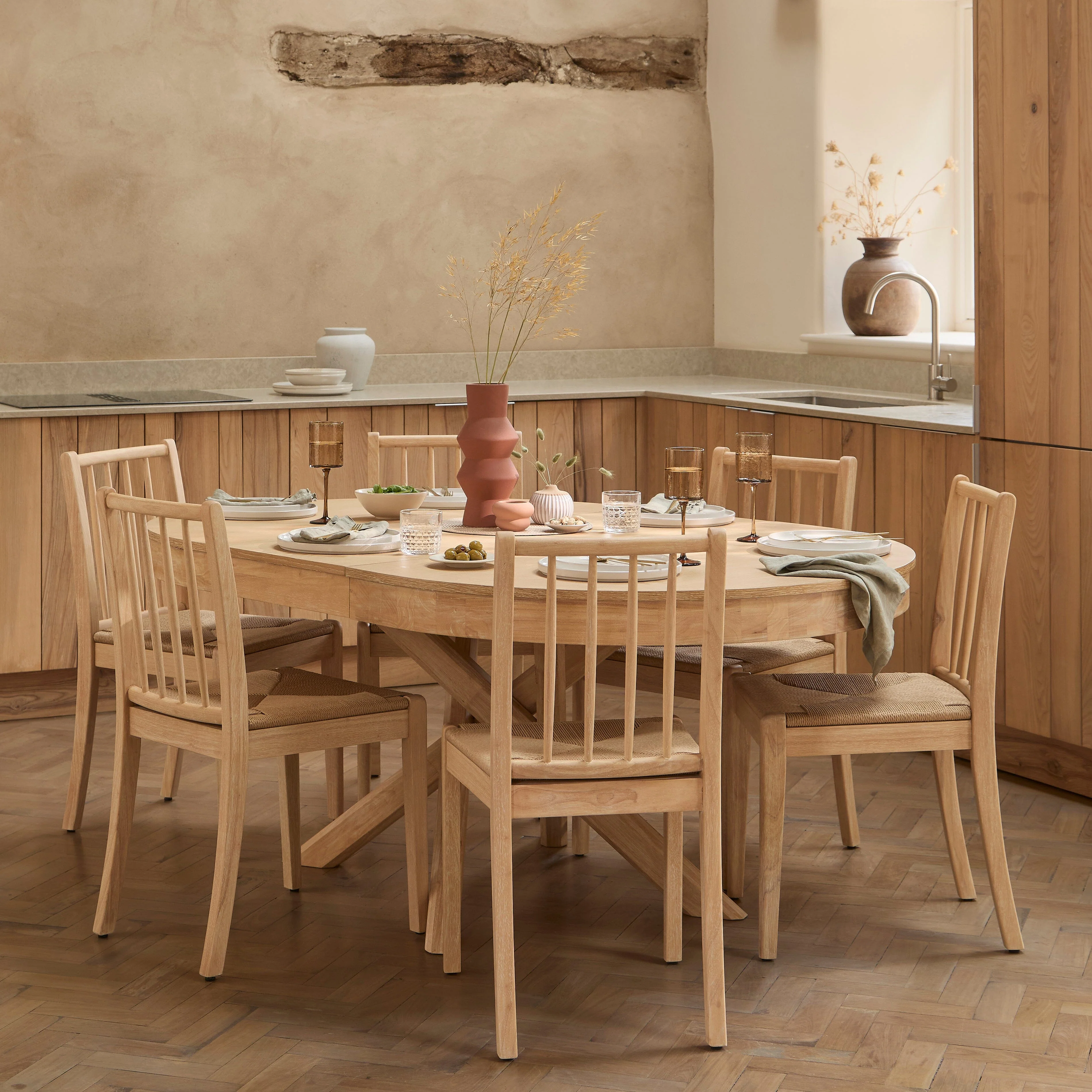Amelia Extendable Whitewash Oval Dining Table Set - 4 Seater - Tilly String Dining Chairs - Whitewash Oak Legs - Image 2