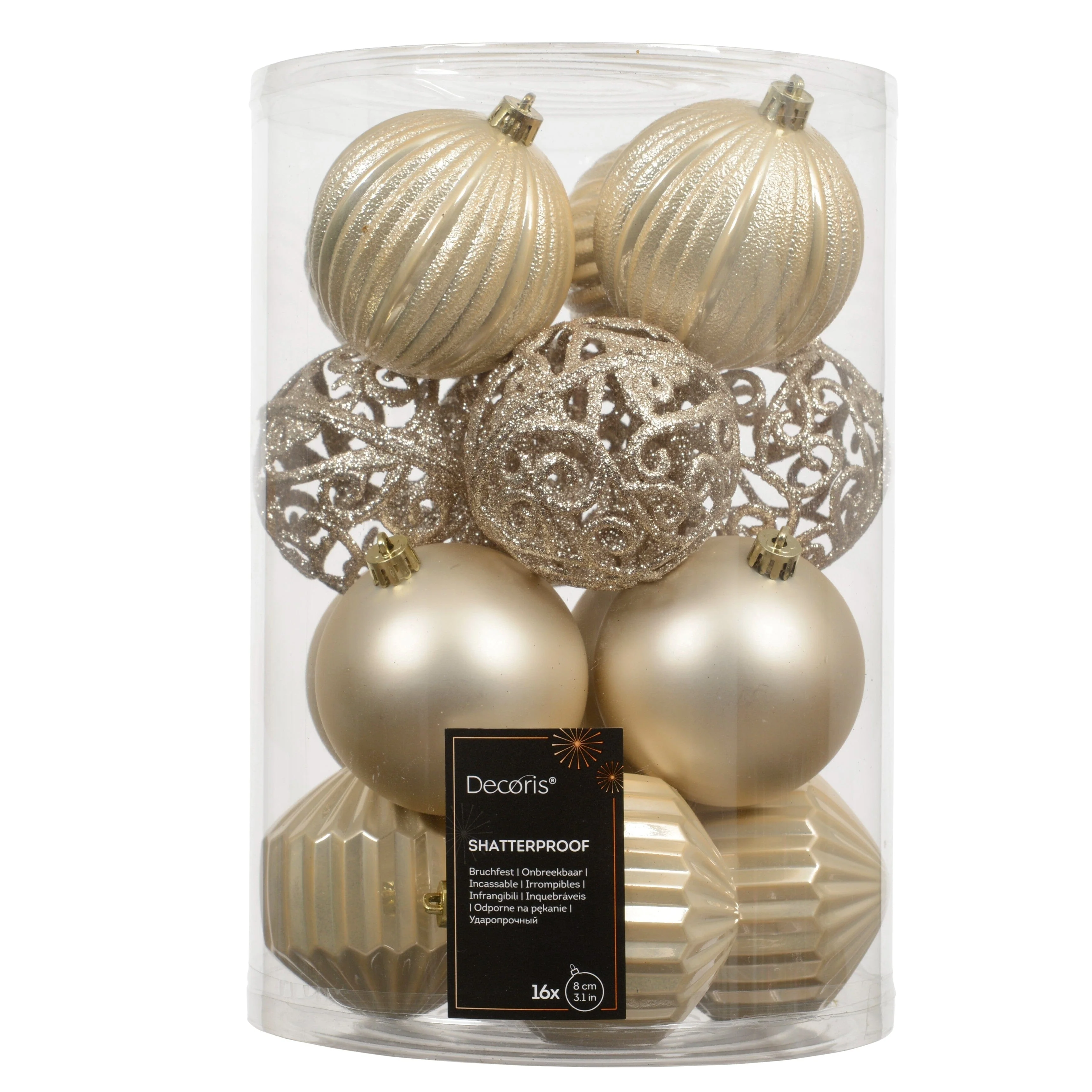 Valen Shatterproof 8cm Mixed Baubles - Set of 16 - Pearl Gold - Image 2