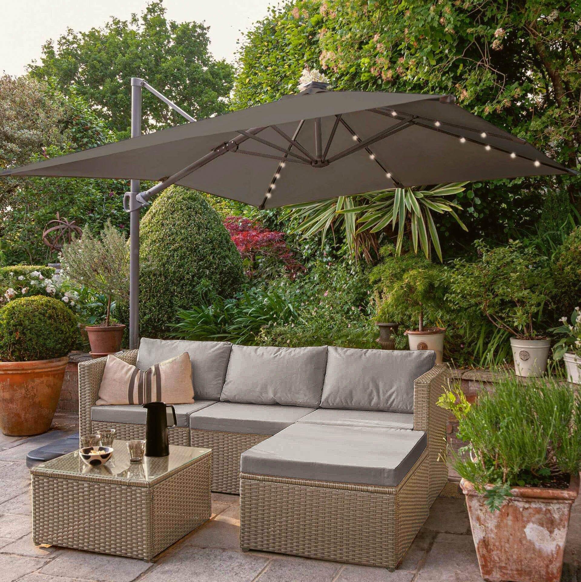 Weston 4 Seater Rattan Garden Corner Sofa Set with Grey LED Premium Parasol - Natural Weave