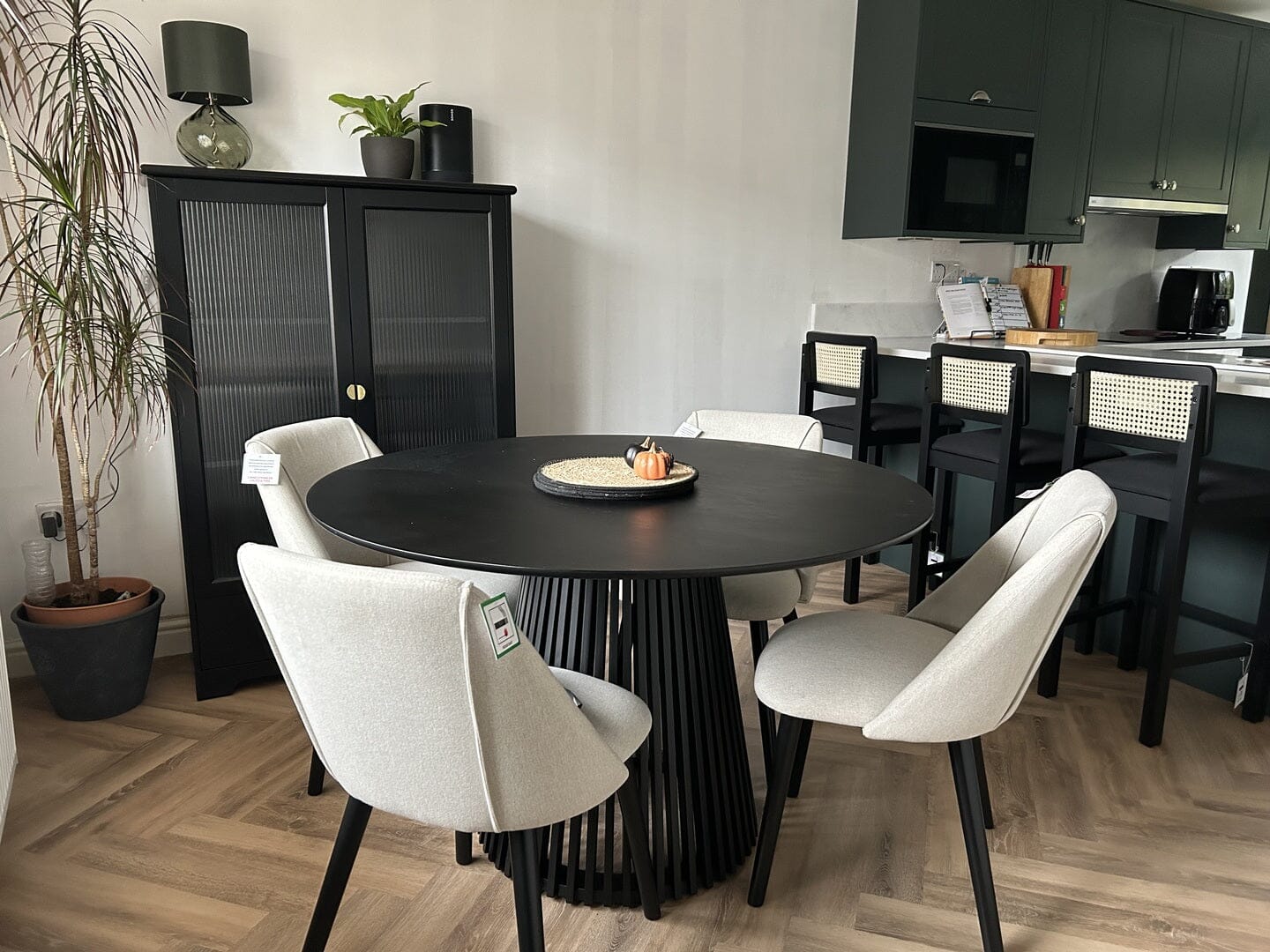 Willow Black Dining Table Set - 4 Seater - Freya Sand Dining Chairs - Black Oak Legs - Image 7