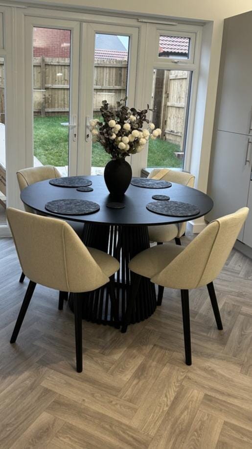 Willow Black Dining Table Set - 4 Seater - Freya Sand Dining Chairs - Black Oak Legs - Image 8